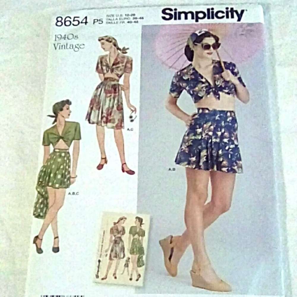 SIMPLICITY 8654 Sz 12-20, 1940s Vintage,  skirt, shorts, tie front top